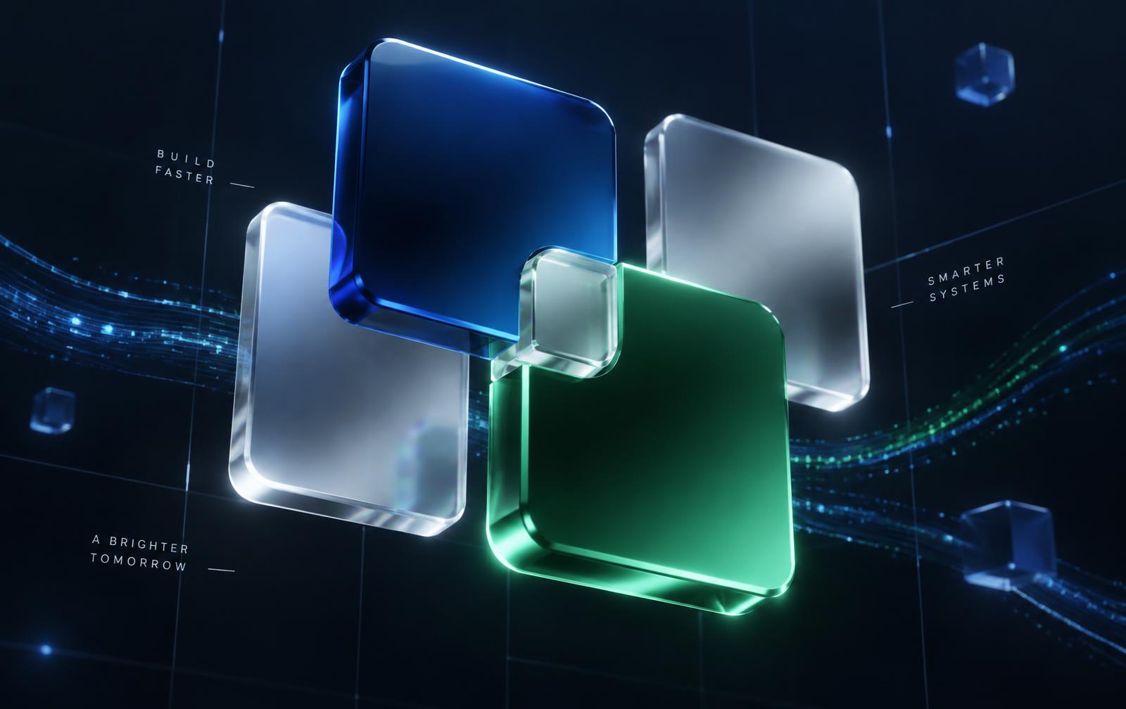 Interlocking blue and green glass squares representing connected systems